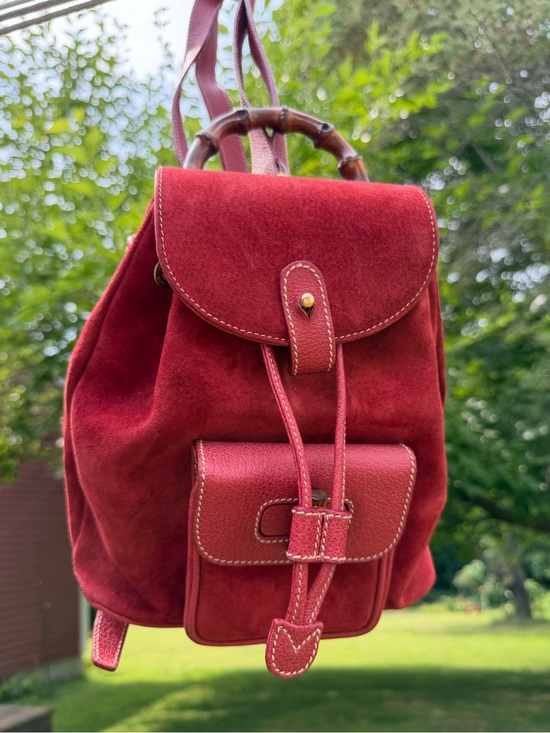 Gucci Handbags - Vintage Gucci Bamboo Red Suede Mini Backpack Rucksack 003.2058.0030